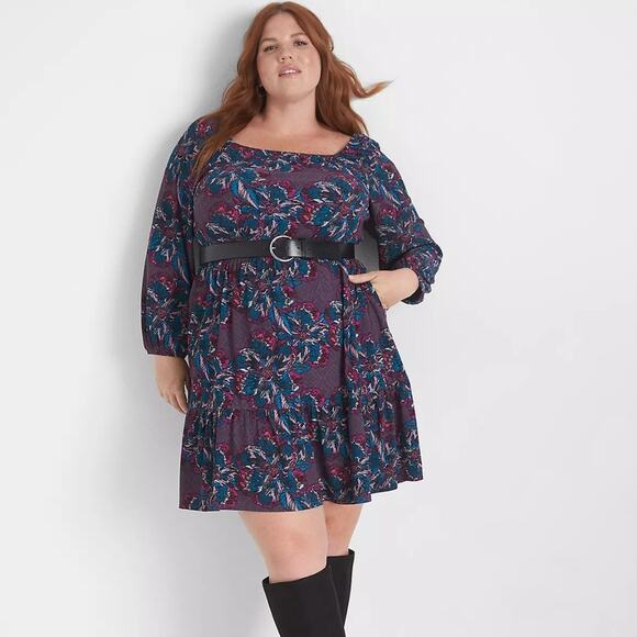 Lane Bryant Fantasy Floral 3/4 Sleeve Square Neck Tiered Fit & Flare Dress 26/28 - Picture 1 of 16